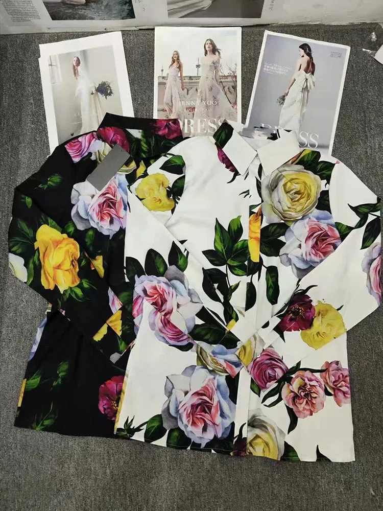 Luxury Spring New two-piece Printed Shirt top high waist slim Skirt