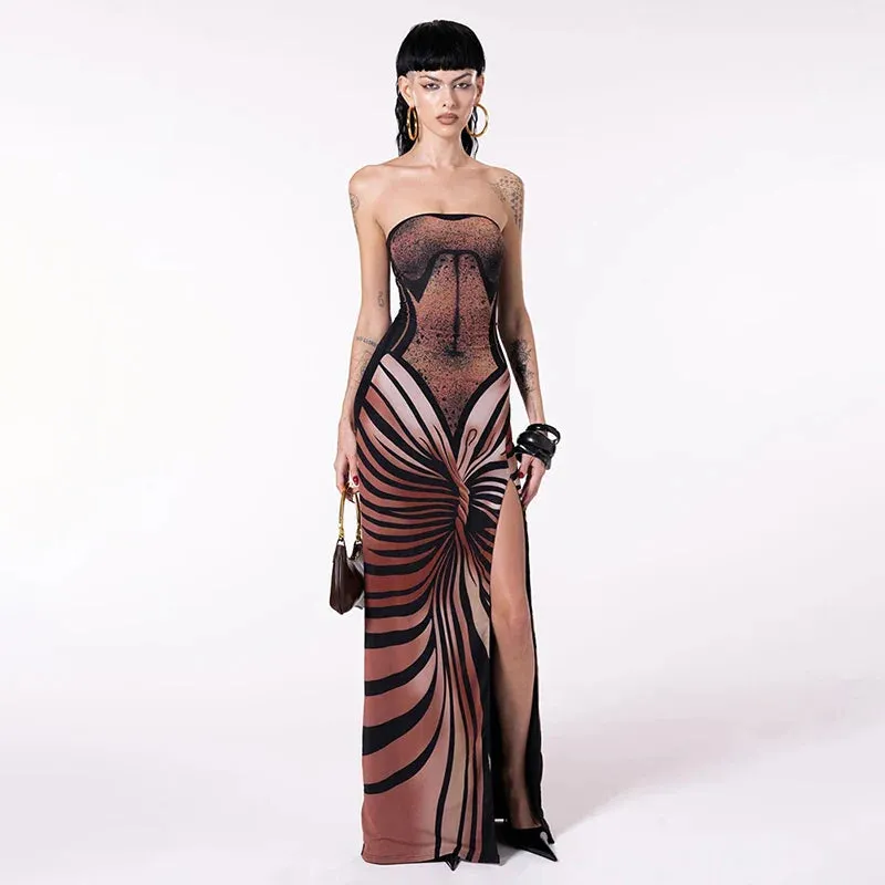 LVSANW BUILDINGB Women'S Vintage Butterfly Oil Painting Printed Dresses Wrap Strapless High Split Dresses Prom Casual Dresses