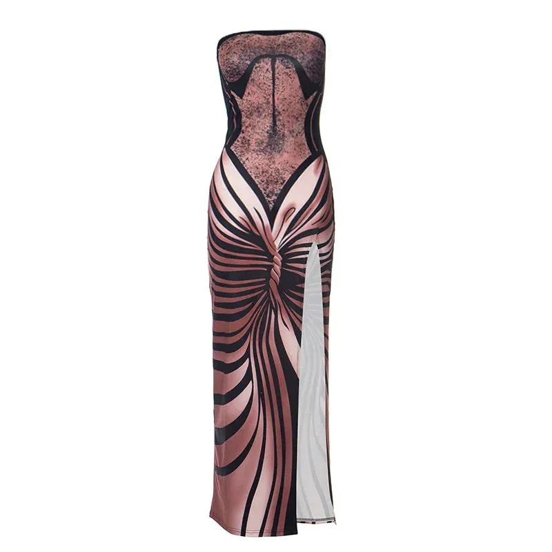 LVSANW BUILDINGB Women'S Vintage Butterfly Oil Painting Printed Dresses Wrap Strapless High Split Dresses Prom Casual Dresses