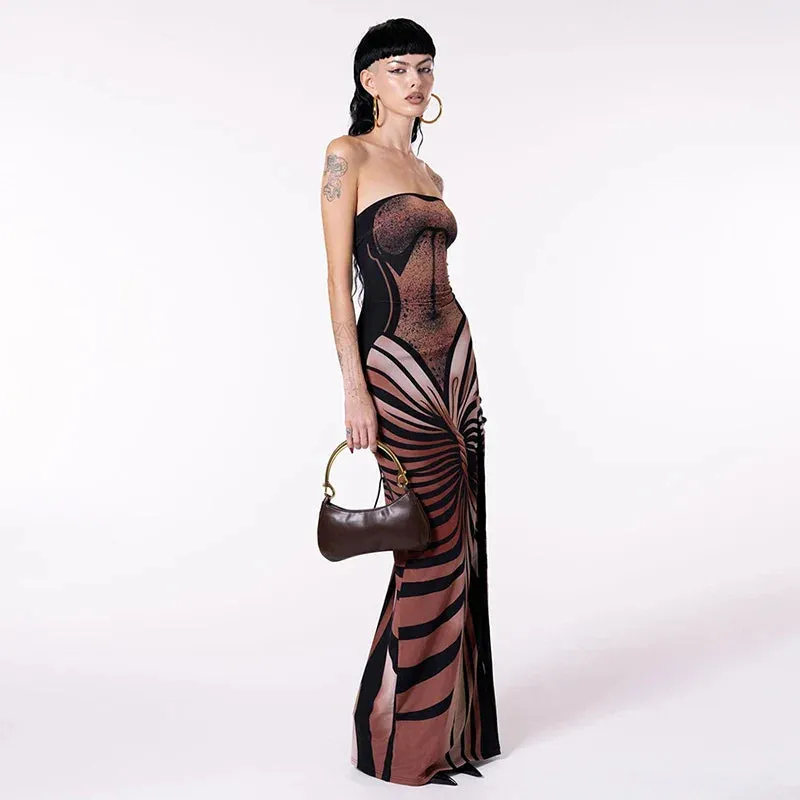 LVSANW BUILDINGB Women'S Vintage Butterfly Oil Painting Printed Dresses Wrap Strapless High Split Dresses Prom Casual Dresses