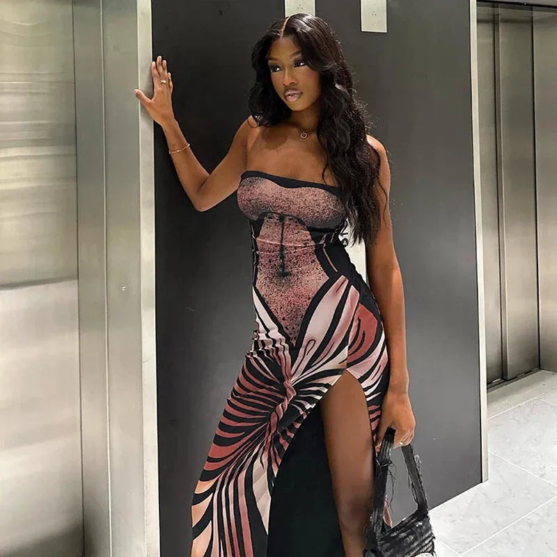 LVSANW BUILDINGB Women'S Vintage Butterfly Oil Painting Printed Dresses Wrap Strapless High Split Dresses Prom Casual Dresses
