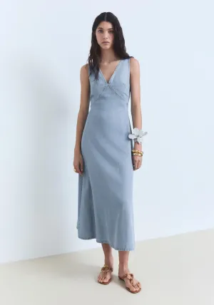 Lyocell V-Neck Midi Dress - Open Blue