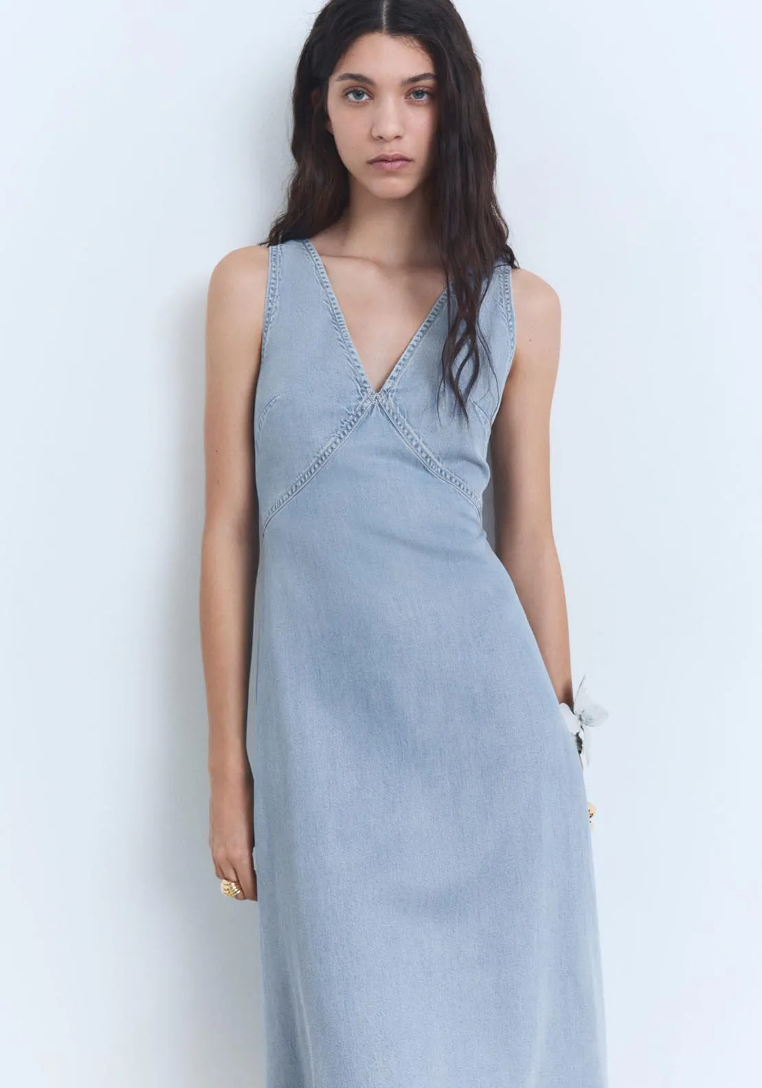 Lyocell V-Neck Midi Dress - Open Blue