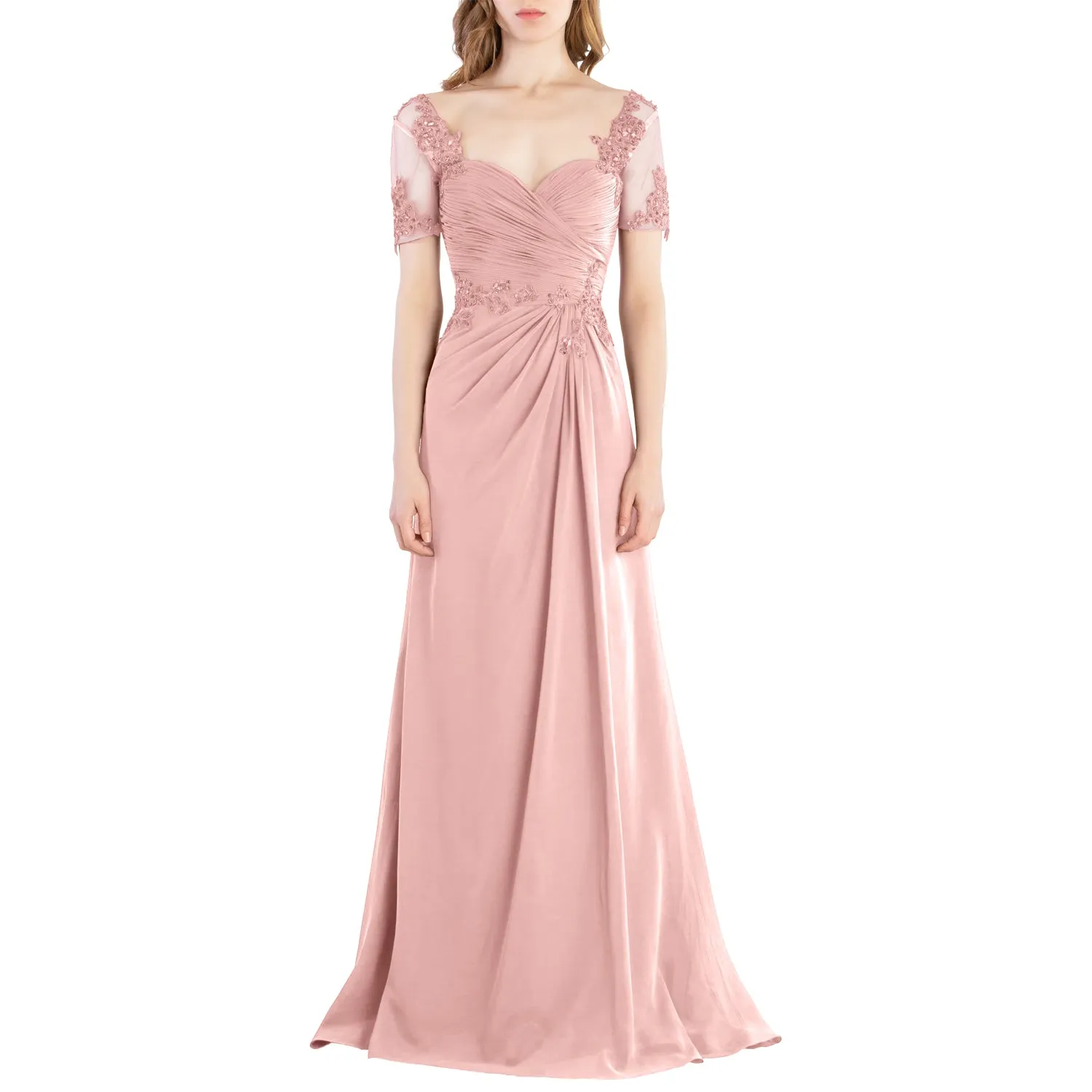 MACloth Women Vintage Short Sleeves Long Wedding Mother Bride Bridesmaid Dresses