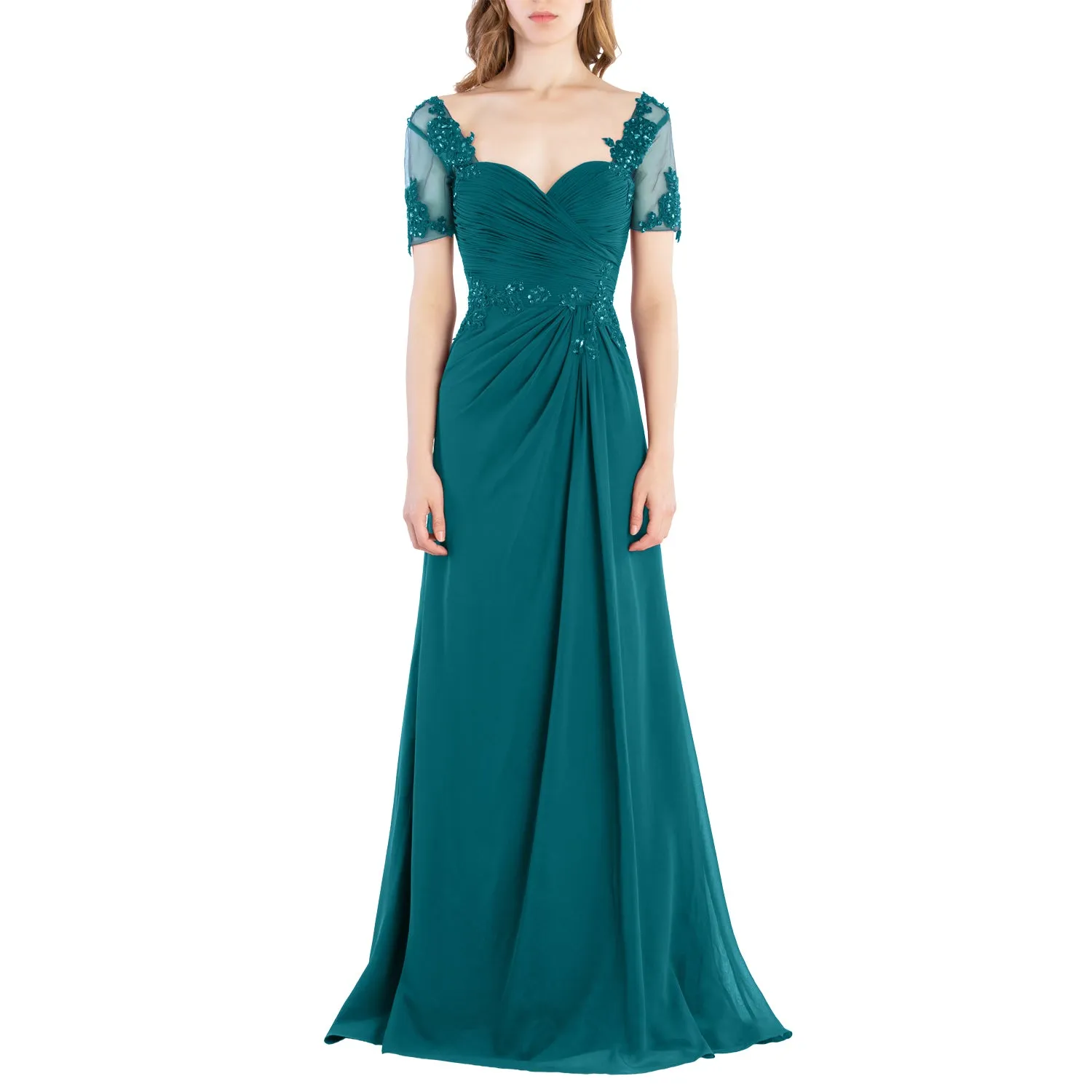 MACloth Women Vintage Short Sleeves Long Wedding Mother Bride Bridesmaid Dresses