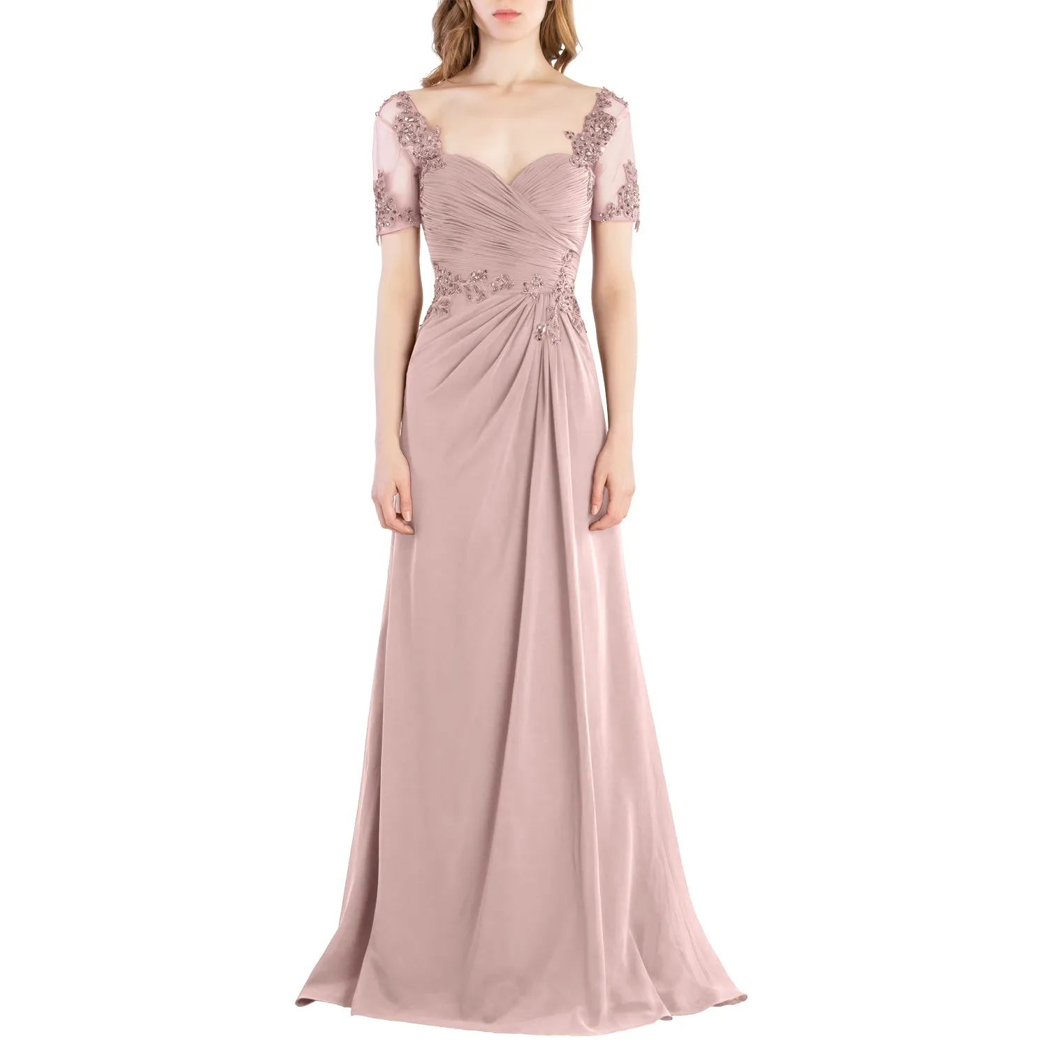 MACloth Women Vintage Short Sleeves Long Wedding Mother Bride Bridesmaid Dresses