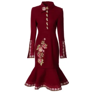 Maliya Crystals Buttons Floral Embroidery Vintage Mermaid Dress