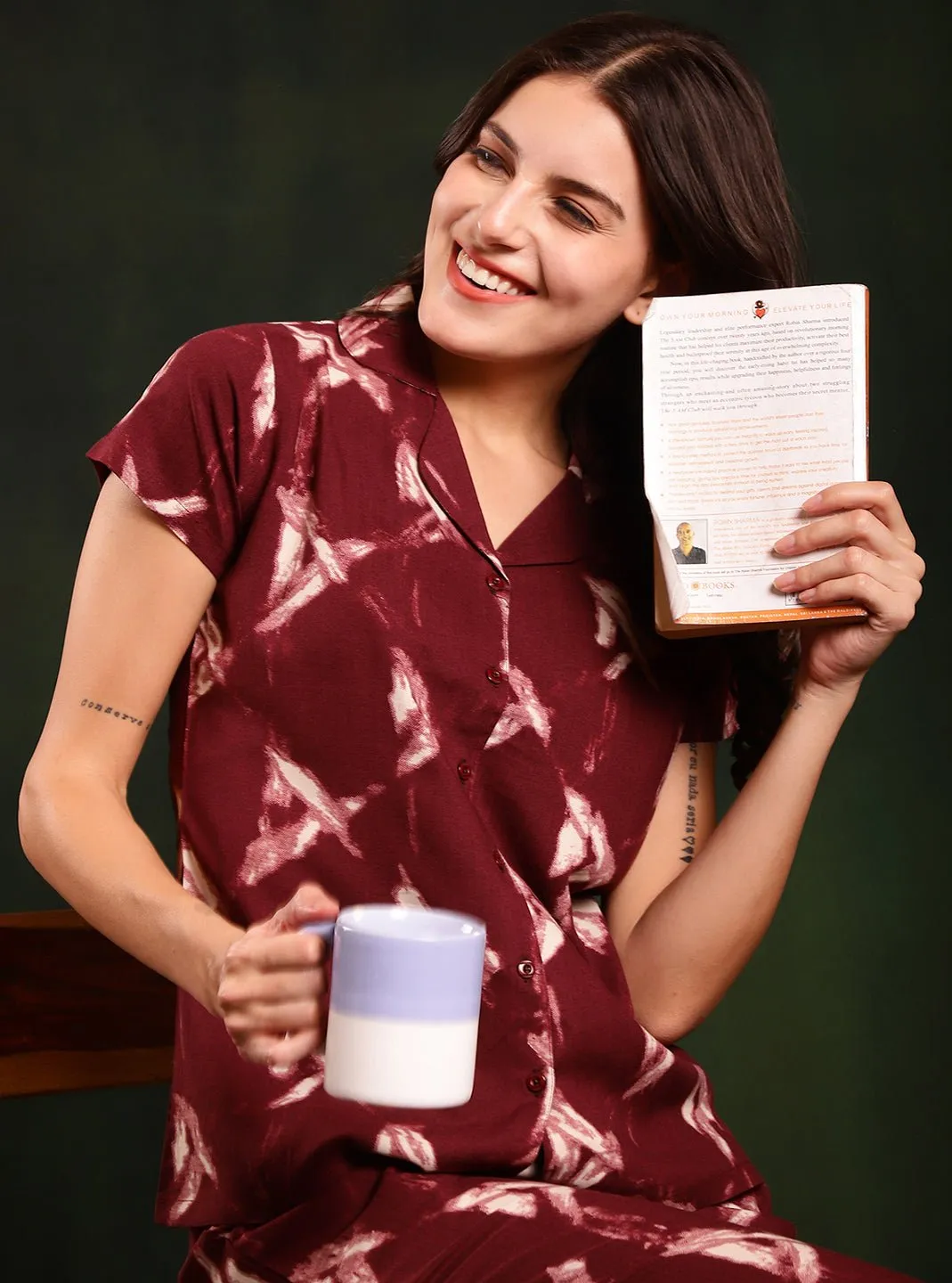 Maroon Tie and Dye Viscose Rayon Night Suit for Women | S-XXL | Claura