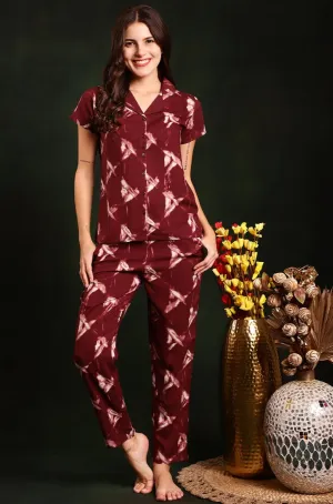 Maroon Tie and Dye Viscose Rayon Night Suit for Women | S-XXL | Claura