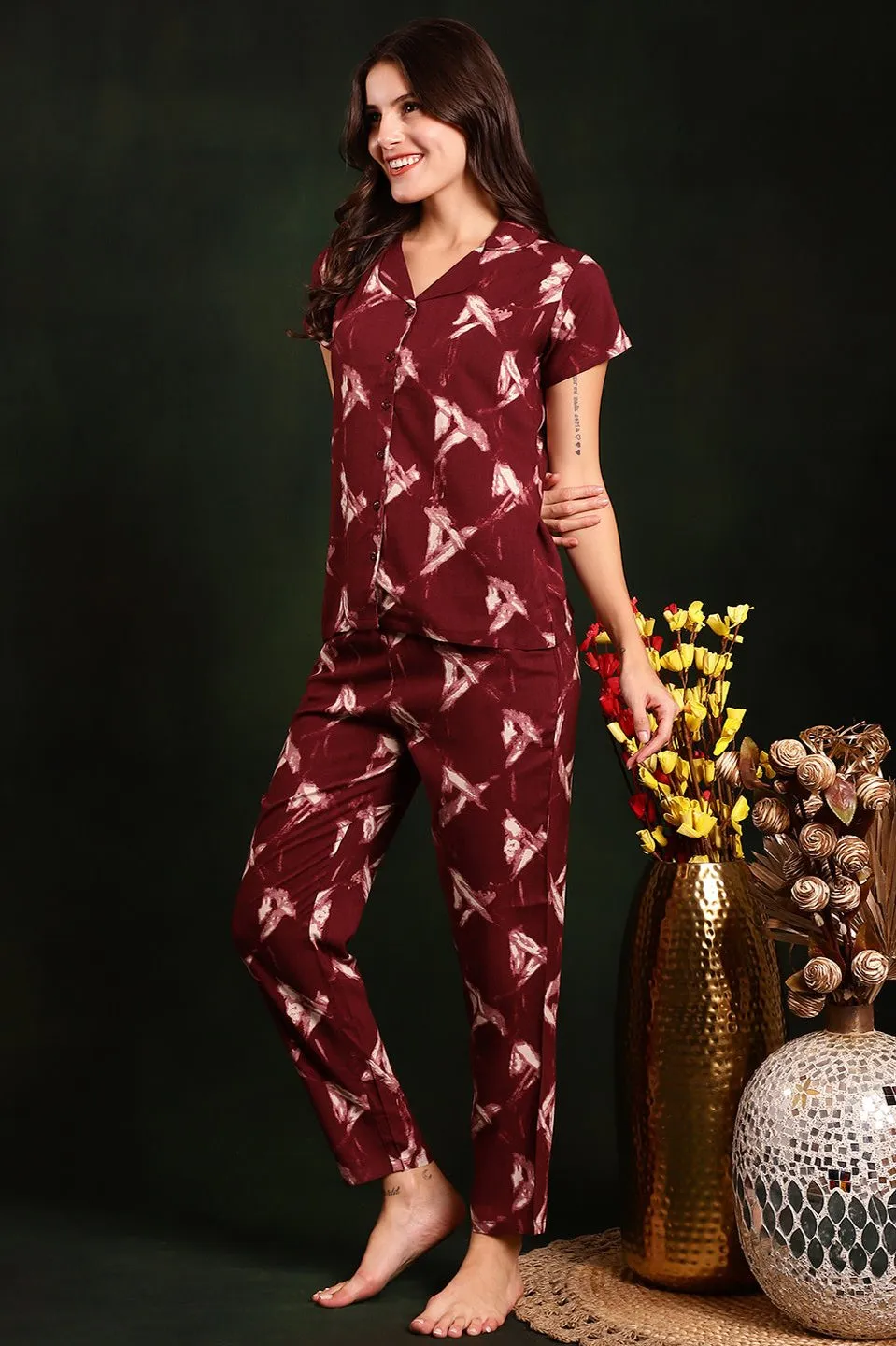 Maroon Tie and Dye Viscose Rayon Night Suit for Women | S-XXL | Claura