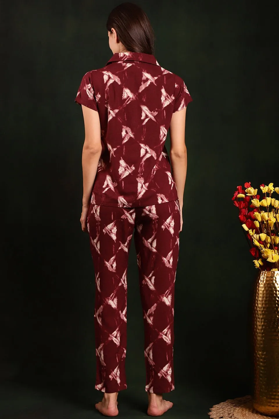 Maroon Tie and Dye Viscose Rayon Night Suit for Women | S-XXL | Claura