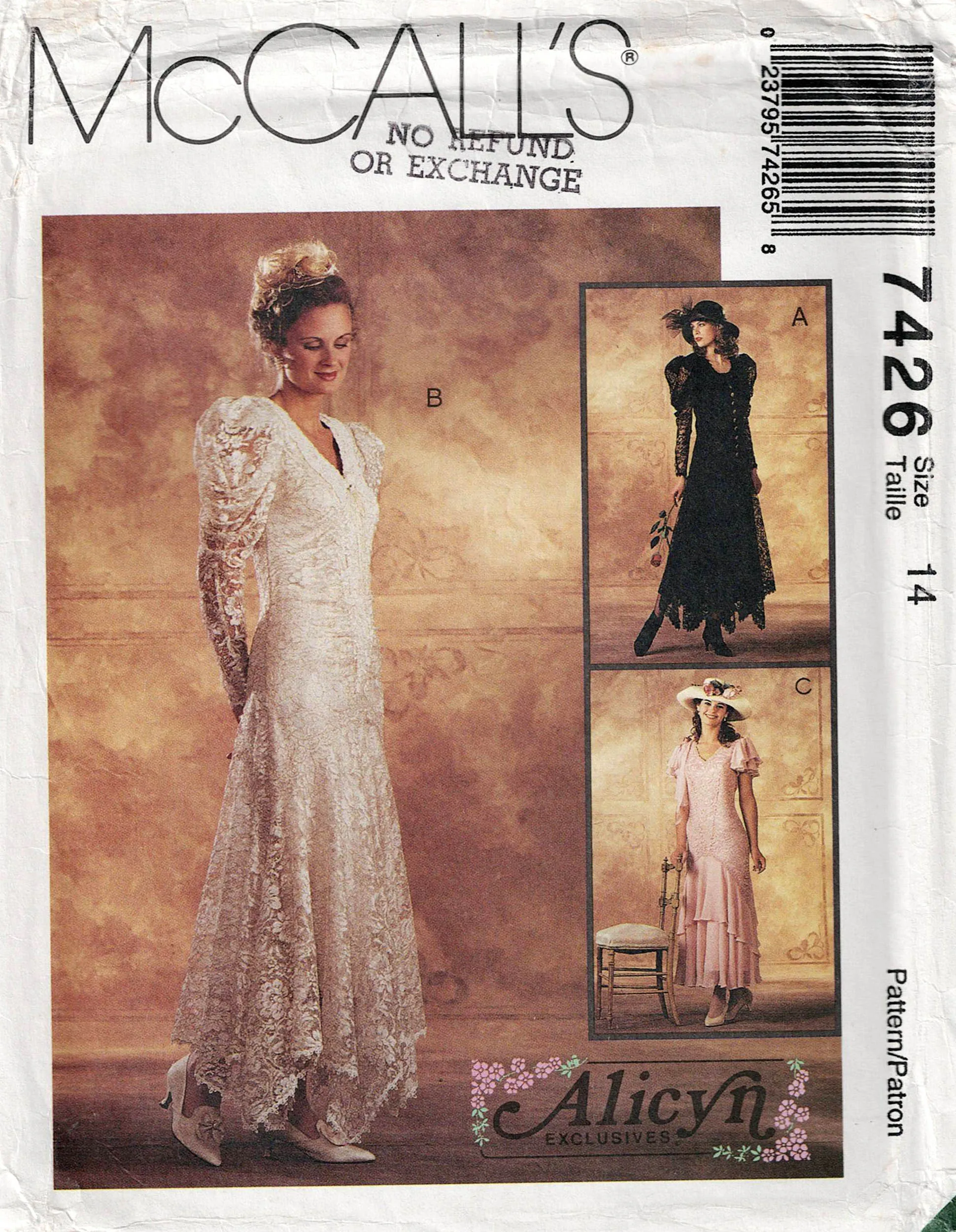 McCall's 7426 ALICYN EXCLUSIVES Womens Ruffled Lace Wedding Bridal Gown Out Of Print Sewing Pattern Size 8 or 14 UNCUT Factory Folded