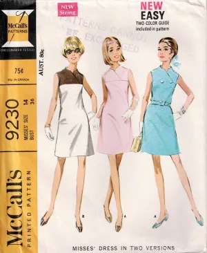 McCall's 9230 Womens Yoked Colour Blocked Shift Dress 1960s Vintage Sewing Pattern Size 14 Bust 36 inches