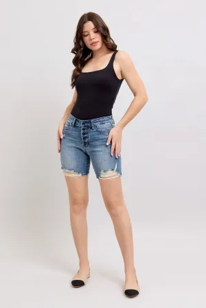 Medium Button Fly Mid  Length Destroyed Judy Blue Shorts 3/7/25 9686