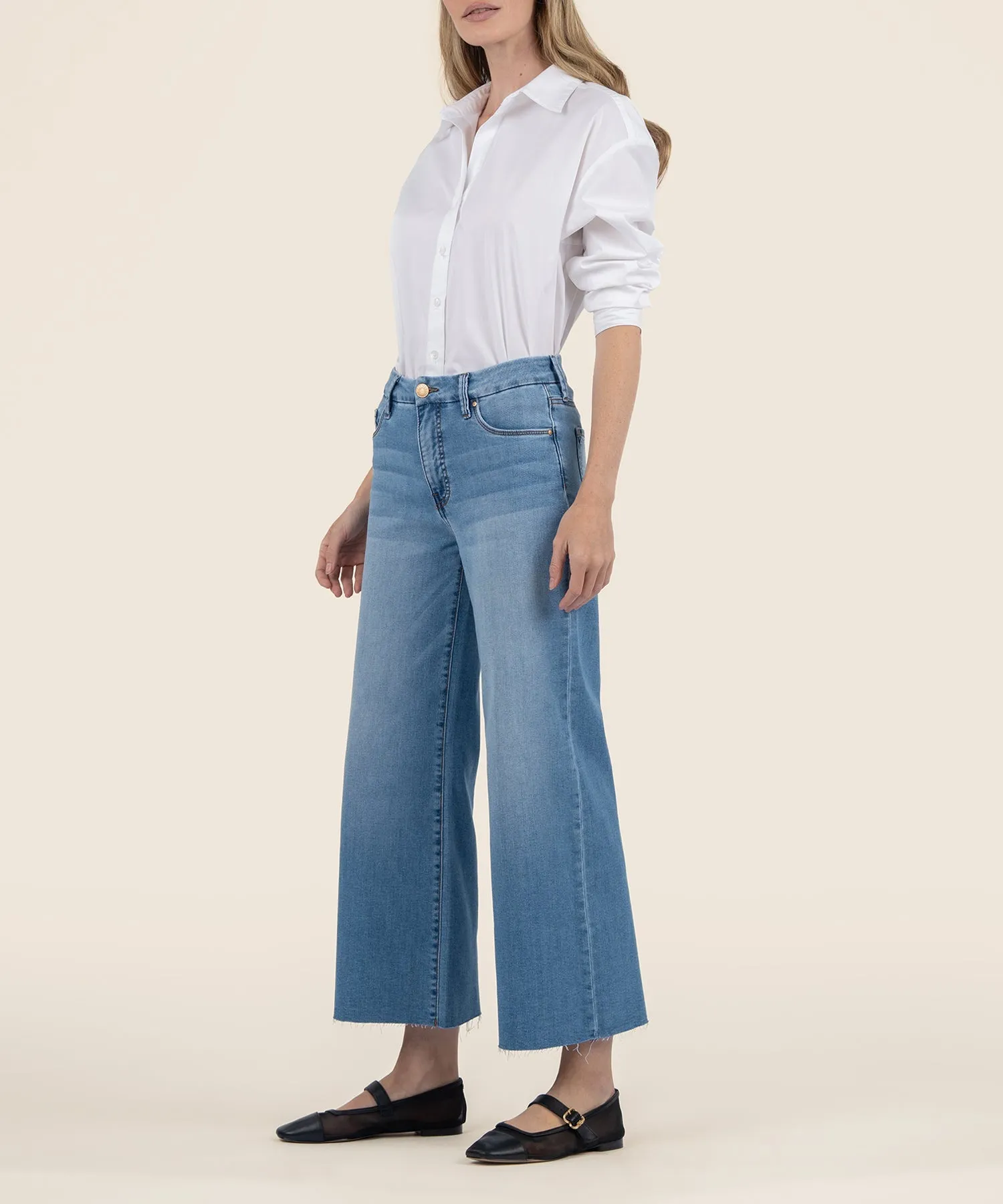 Meg Deference High Rise Fab Ab Wide Leg Raw Hem Jean