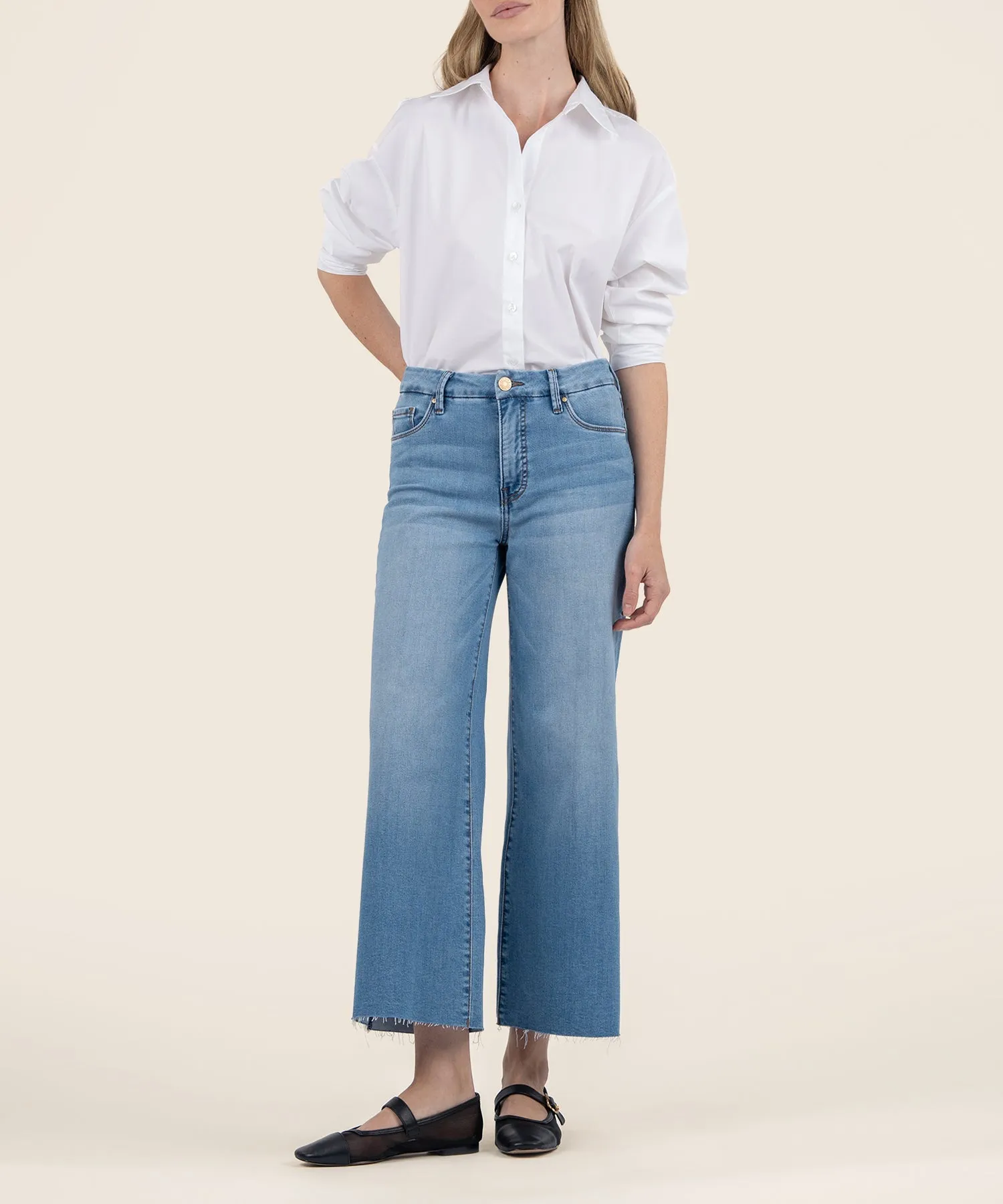 Meg Deference High Rise Fab Ab Wide Leg Raw Hem Jean