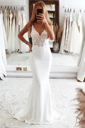 Mermaid V-neck Backless Spaghetti Straps Lace Wedding Dresses, MW1034