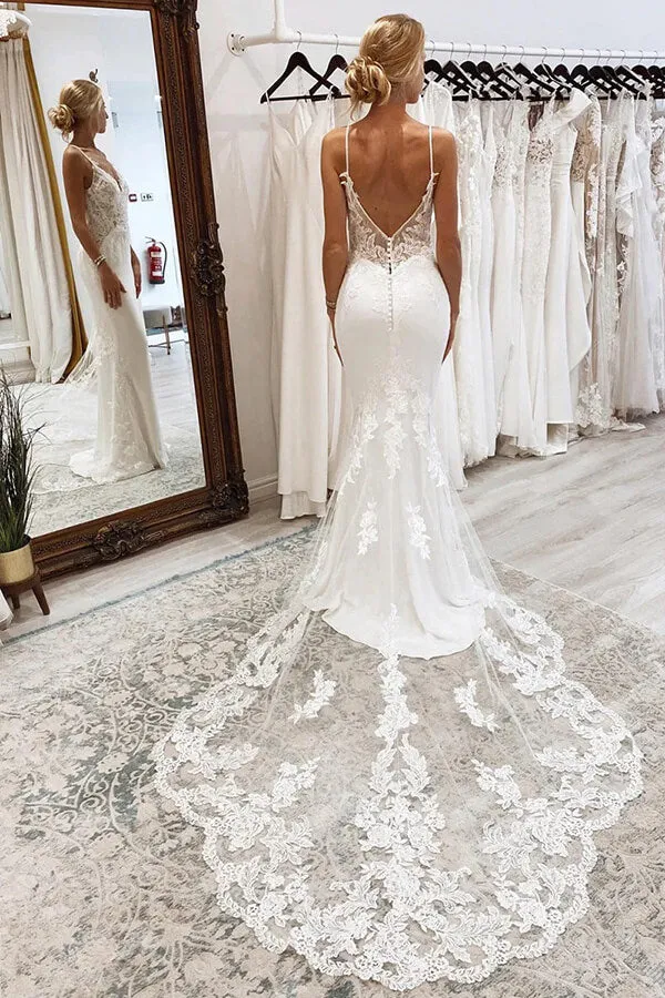 Mermaid V-neck Backless Spaghetti Straps Lace Wedding Dresses, MW1034