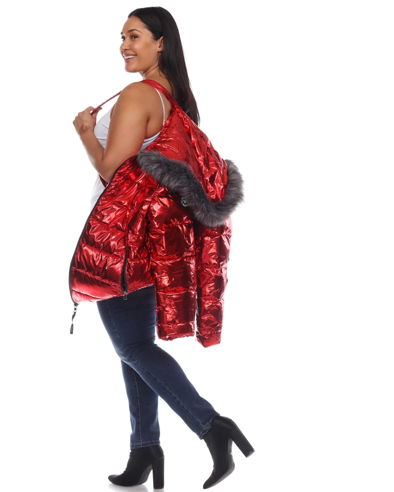 Metallic Puffer Coat with Hoodie | Red
