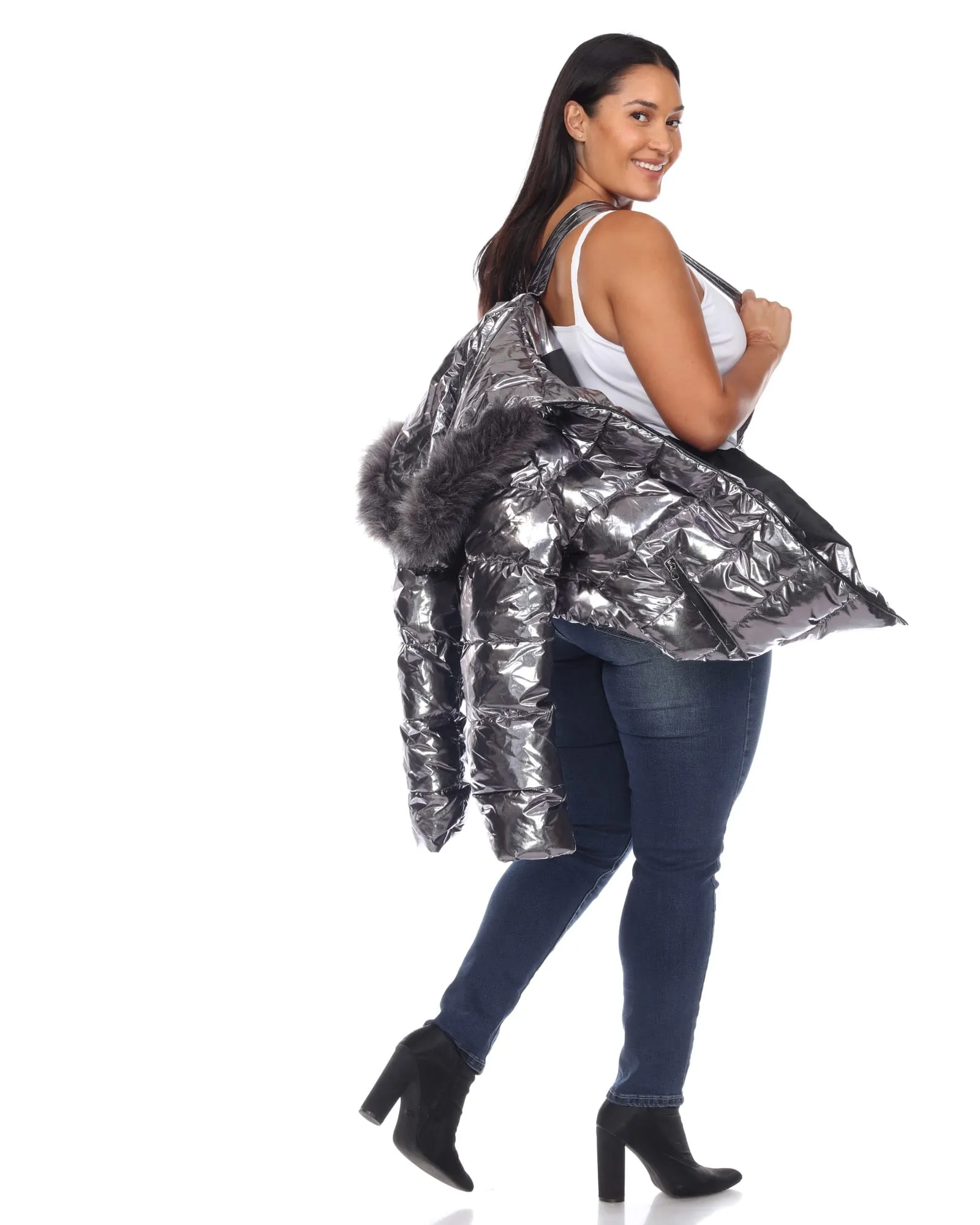 Metallic Puffer Coat with Hoodie | Silver