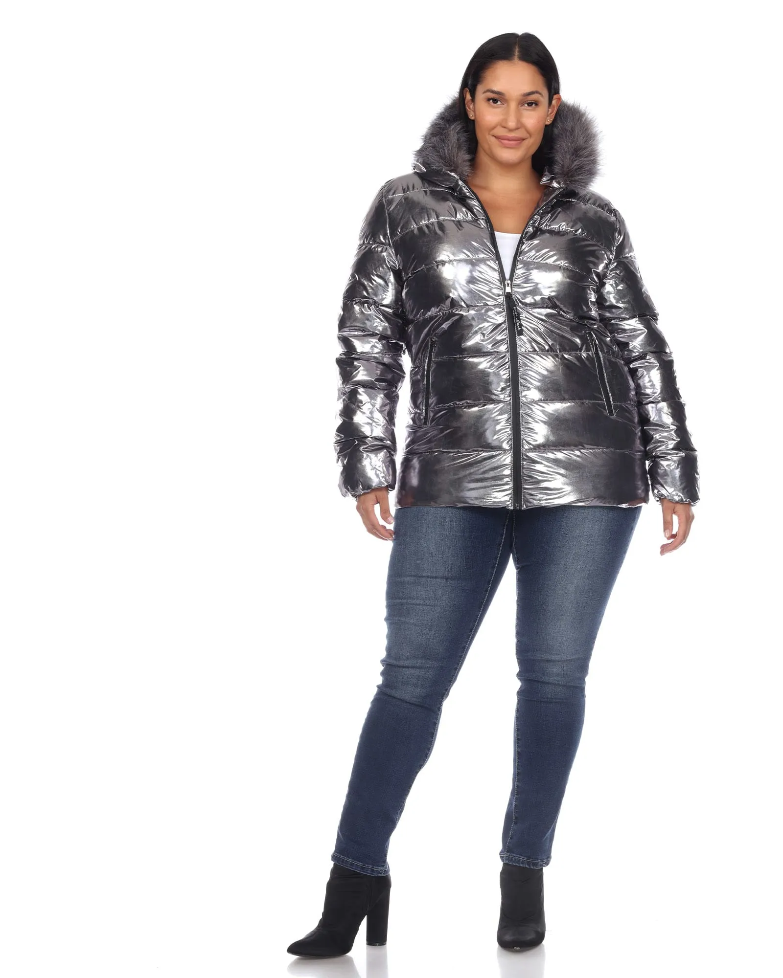 Metallic Puffer Coat with Hoodie | Silver