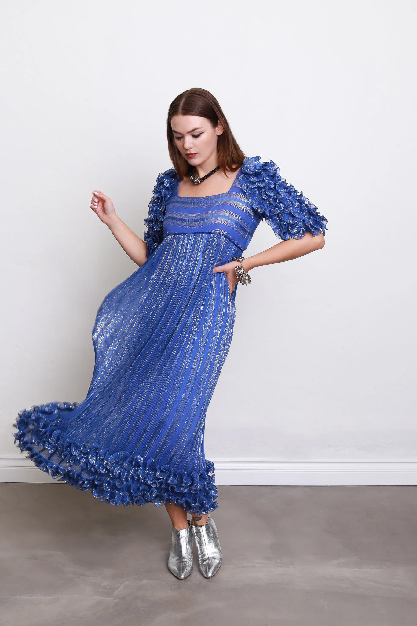 Metallic Ruffle Empire Gown
