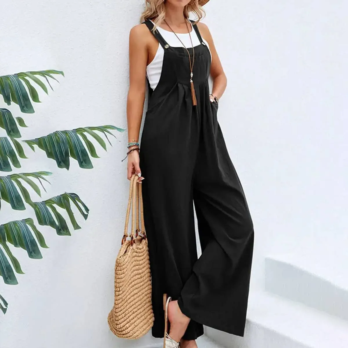Mid-waist retro solid color loose casual fashion suspenders
