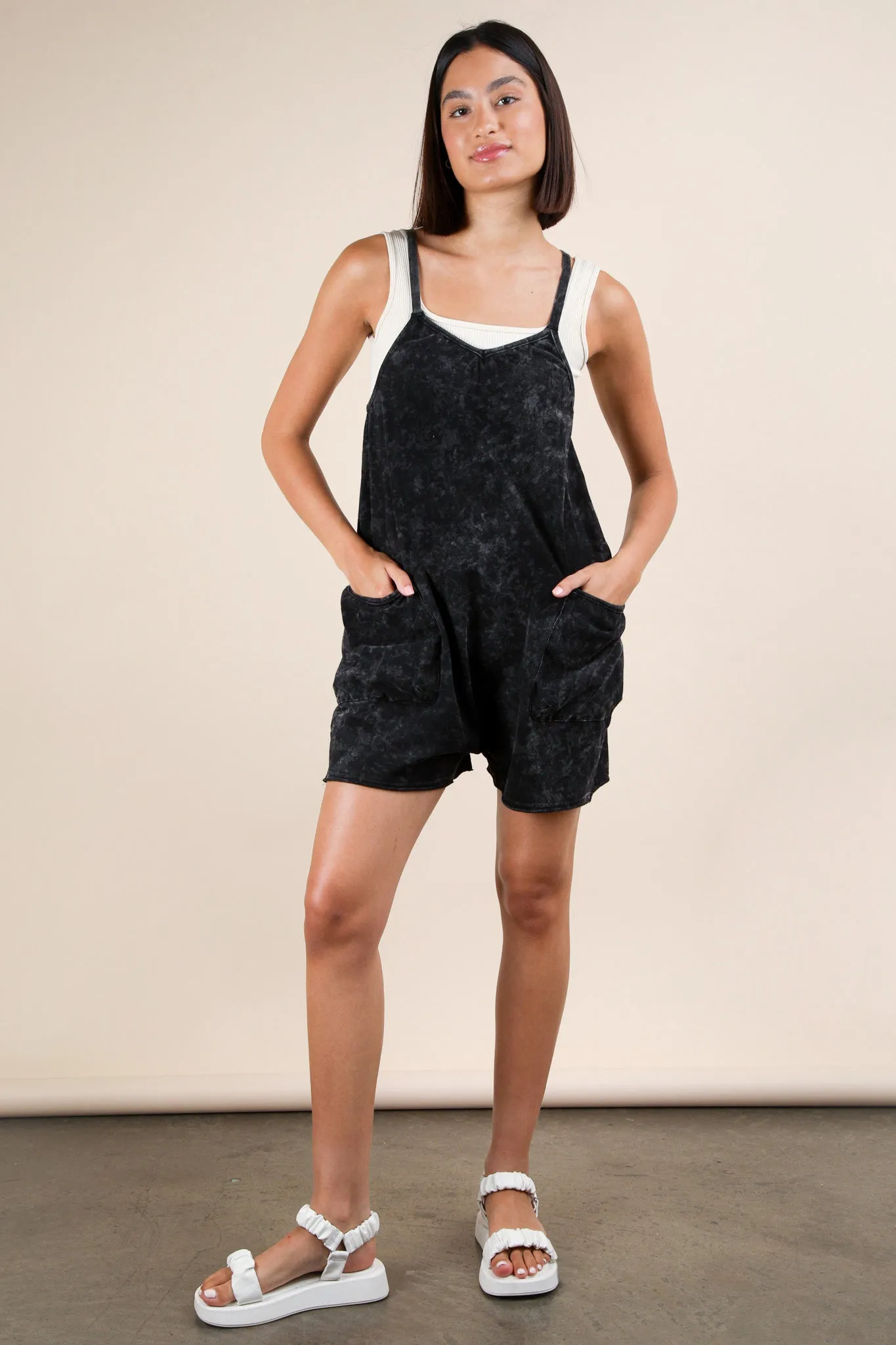 Mineral Washed Sleeveless Casual Knit Romper
