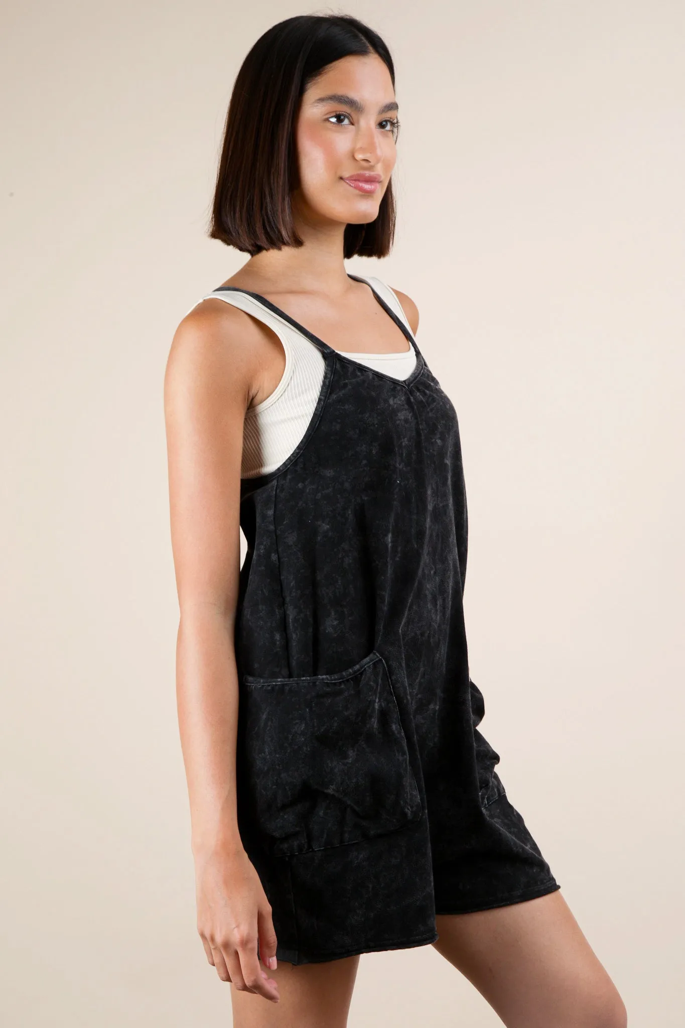Mineral Washed Sleeveless Casual Knit Romper