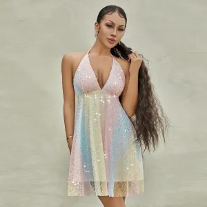 Mini Sexy Deep V-Neck Sleeveless Tie-Up Halter Neck Backless A-line Summer Sequins Dress