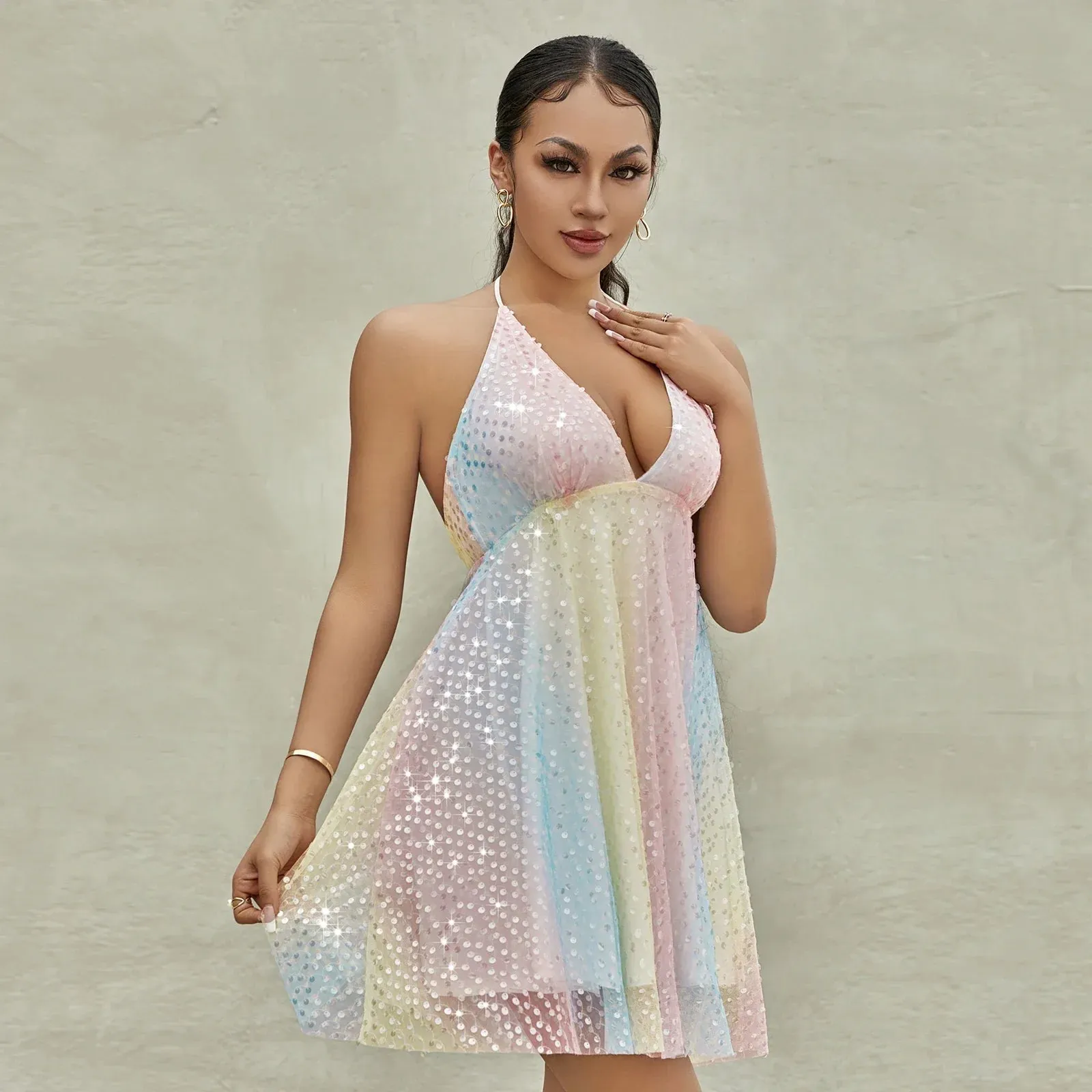 Mini Sexy Deep V-Neck Sleeveless Tie-Up Halter Neck Backless A-line Summer Sequins Dress