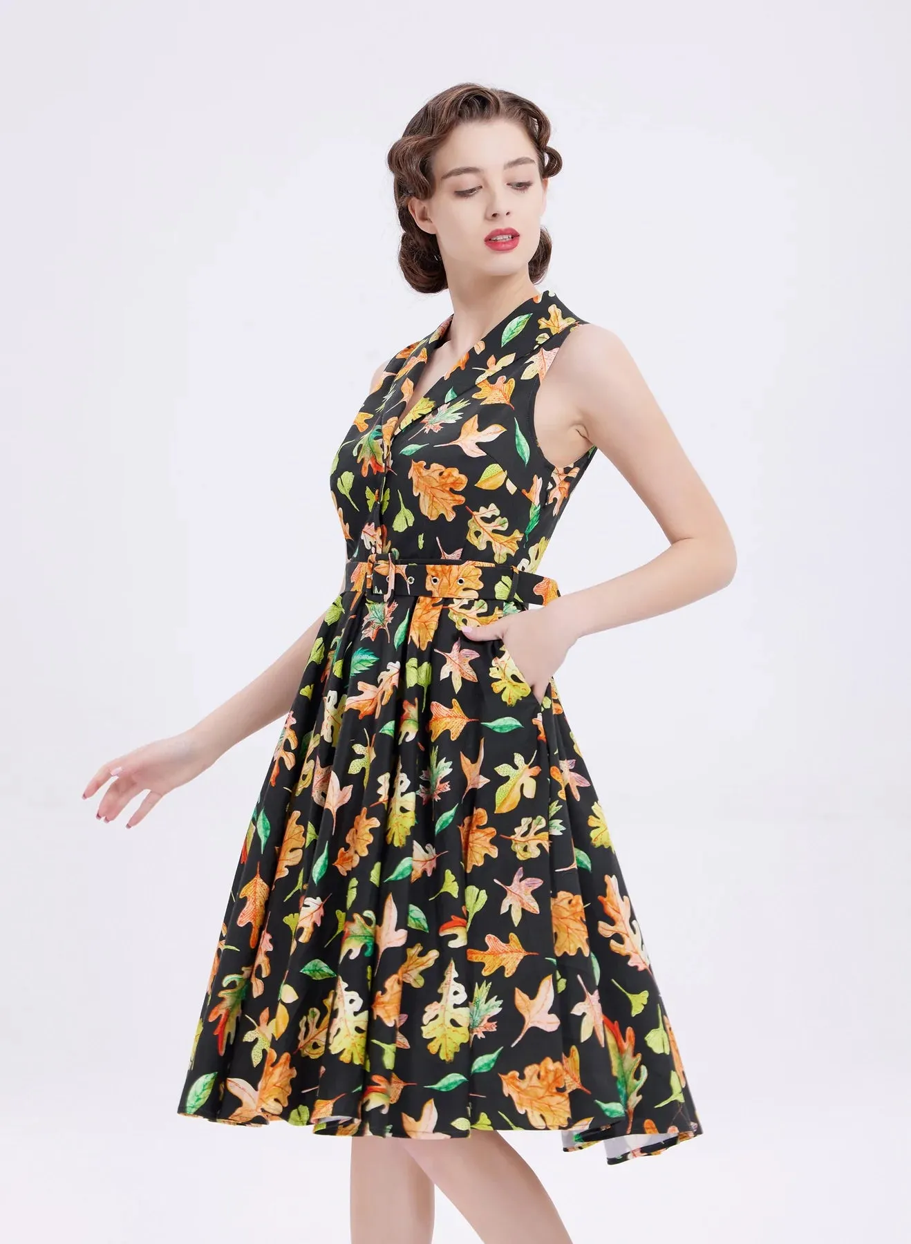 Miss Lulo Jani Autumn Leaves Swing Dress Black