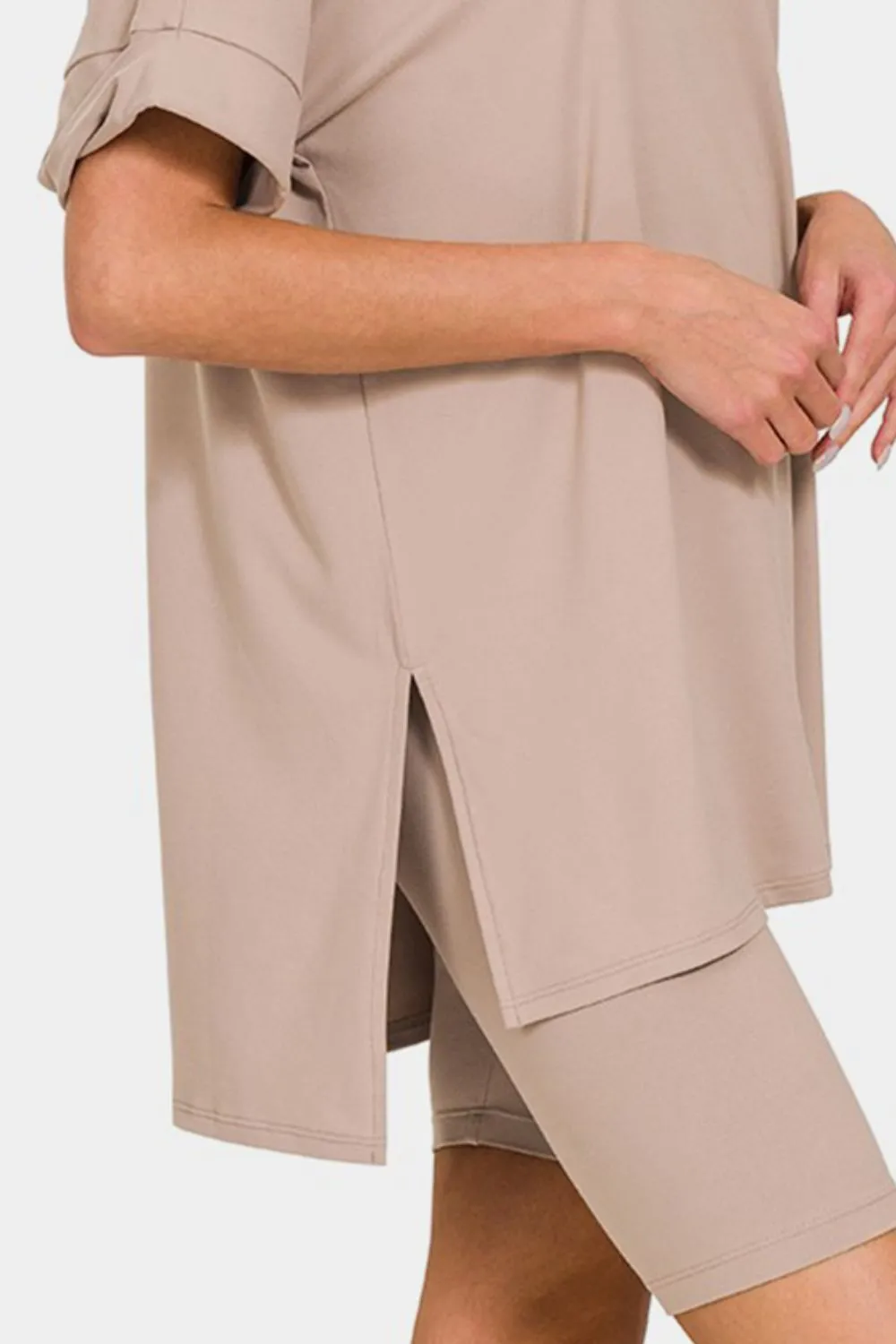 Mocha V-Neck Short Sleeve Slit T-Shirt and Shorts Set