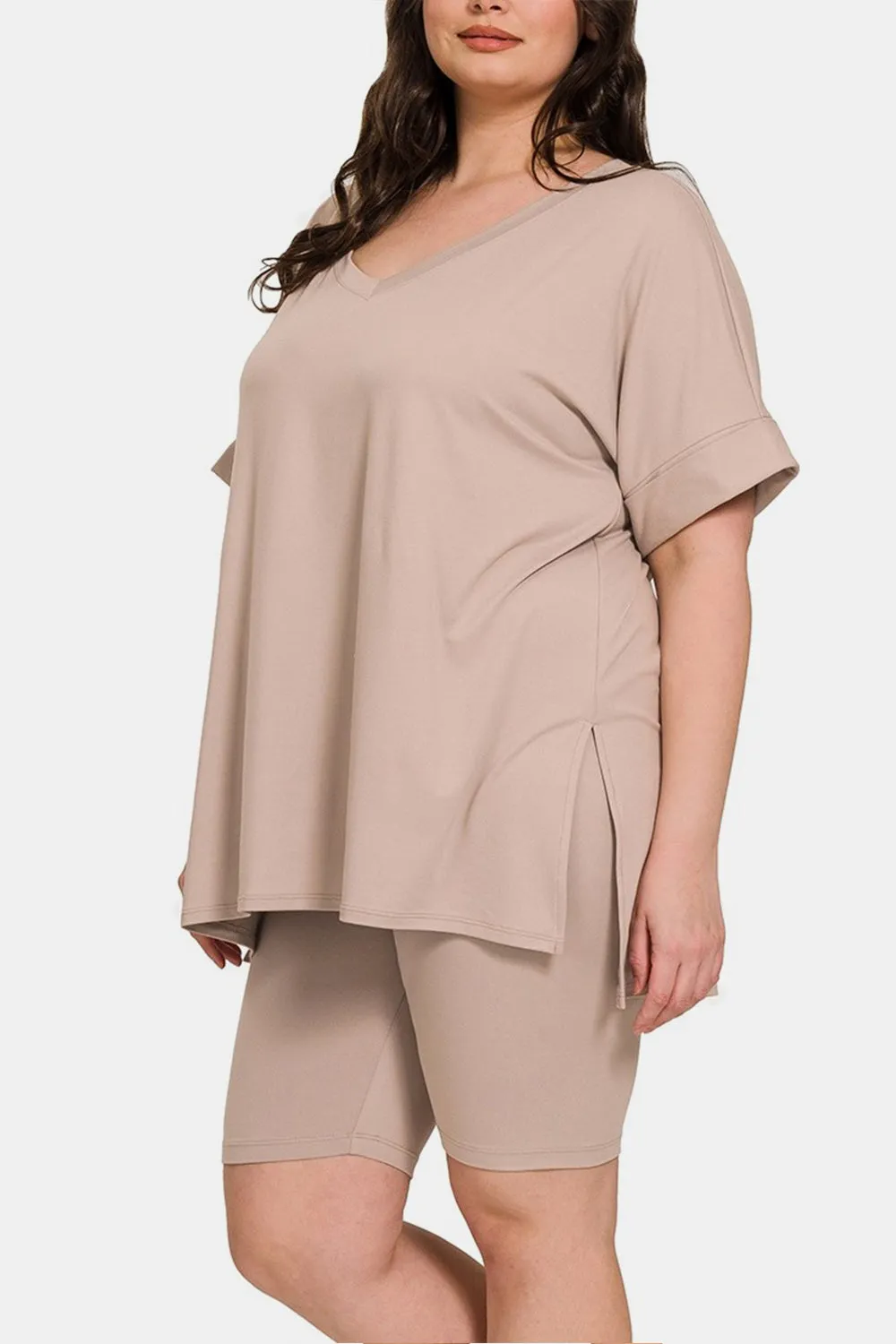 Mocha V-Neck Short Sleeve Slit T-Shirt and Shorts Set