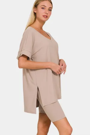 Mocha V-Neck Short Sleeve Slit T-Shirt and Shorts Set
