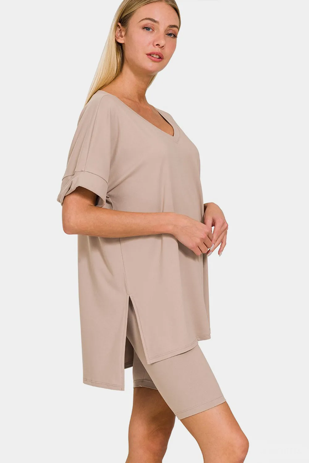 Mocha V-Neck Short Sleeve Slit T-Shirt and Shorts Set