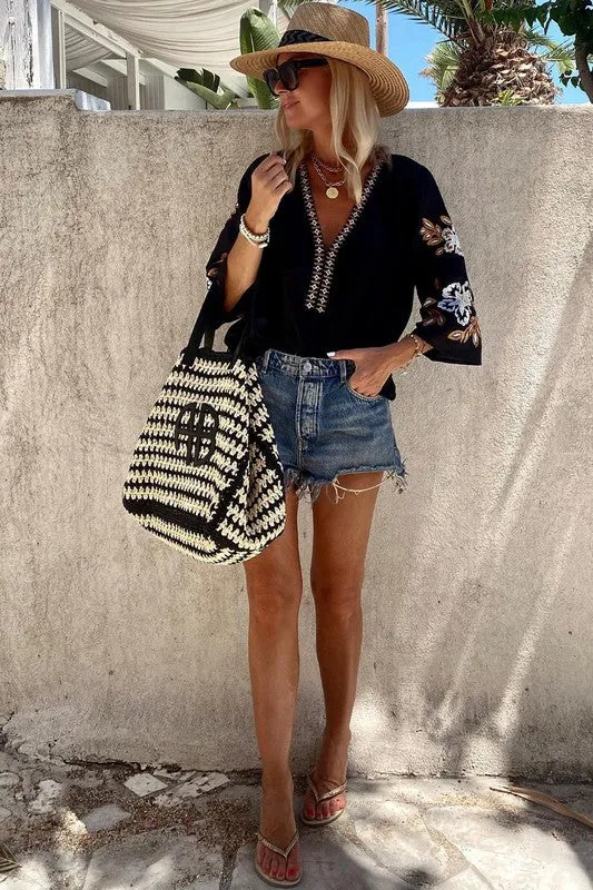 Moone Bohemian Embroidered VNeck Blouse