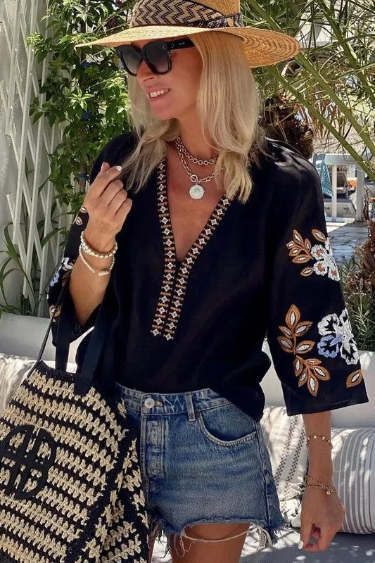 Moone Bohemian Embroidered VNeck Blouse