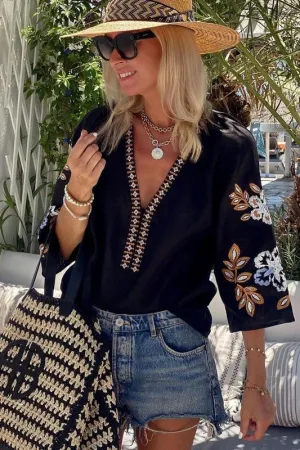 Moone Bohemian Embroidered VNeck Blouse