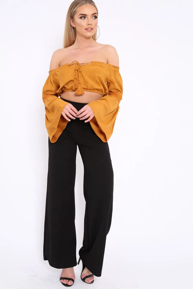 Mustard Gypsy Bardot Crop Top with Key Hole Tie Front - Kaitlin