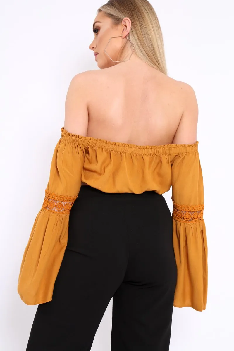 Mustard Gypsy Bardot Crop Top with Key Hole Tie Front - Kaitlin