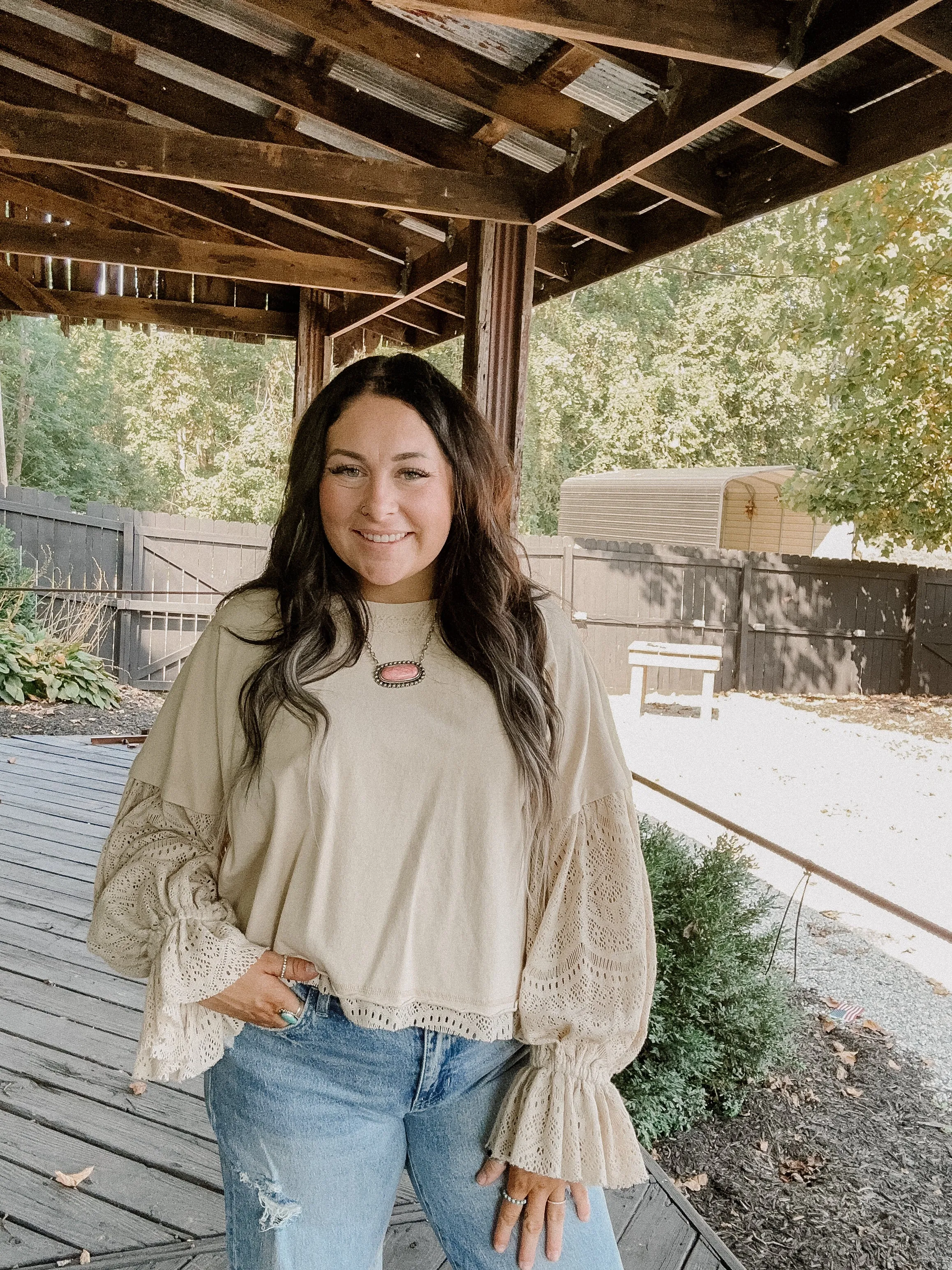 Natural Washed Lace Puff Sleeve Top