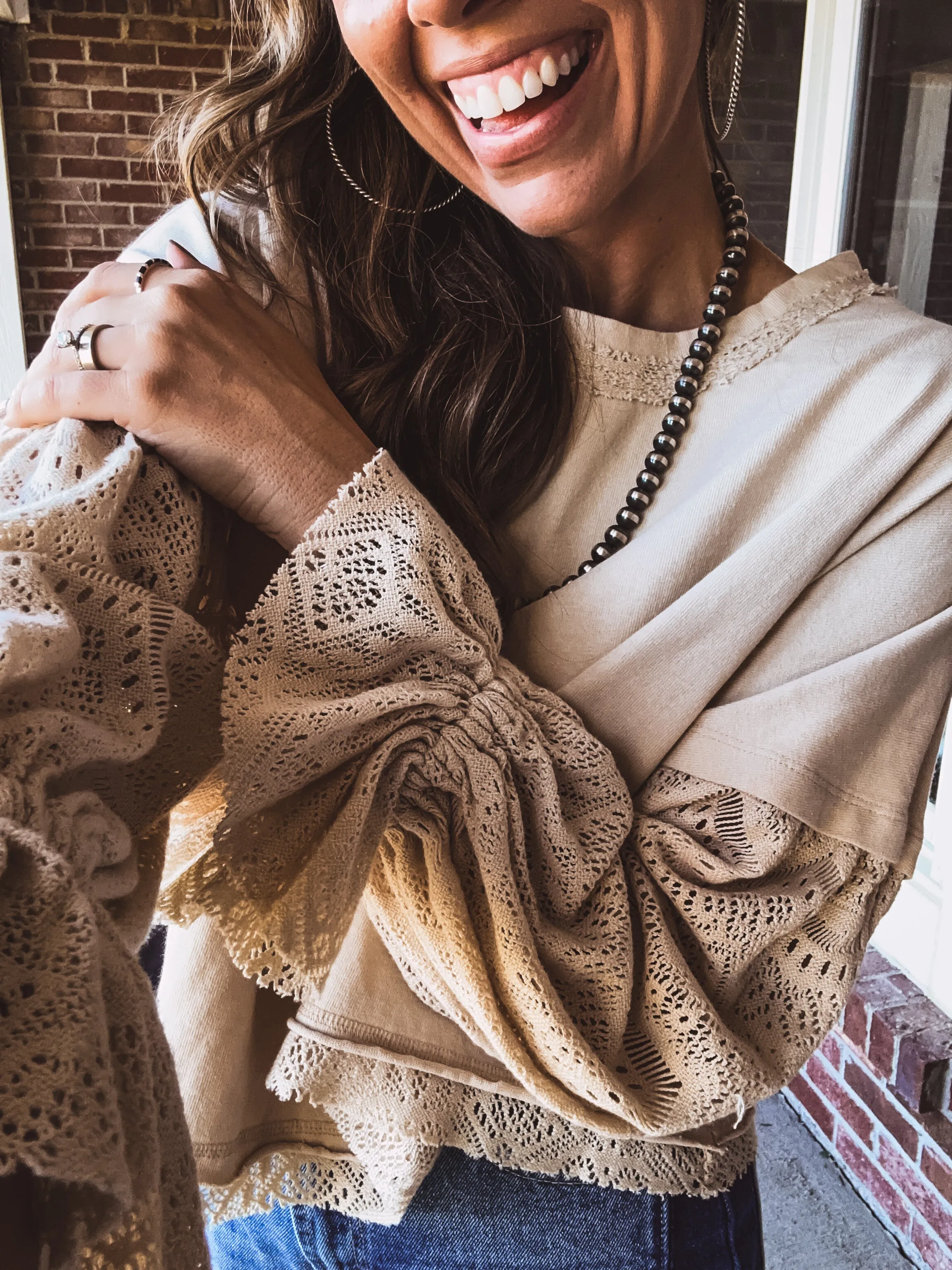 Natural Washed Lace Puff Sleeve Top