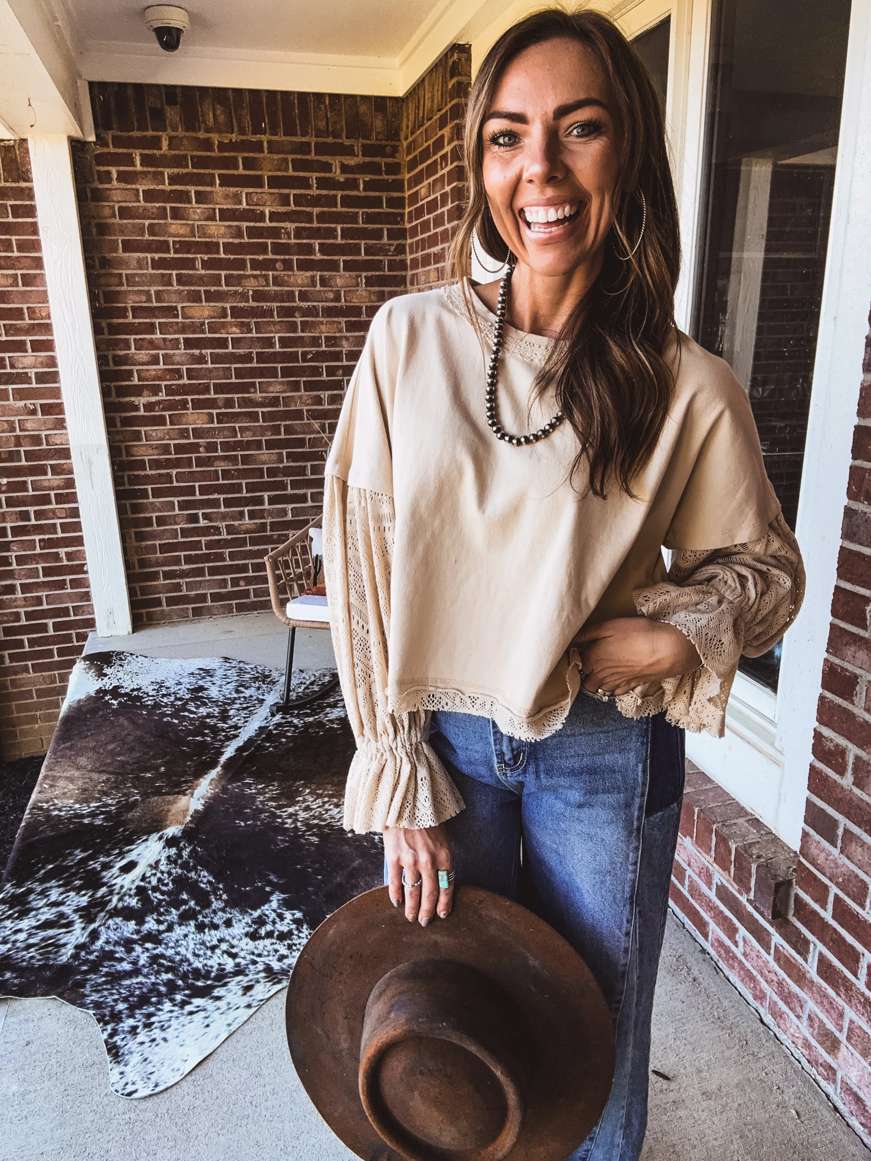 Natural Washed Lace Puff Sleeve Top