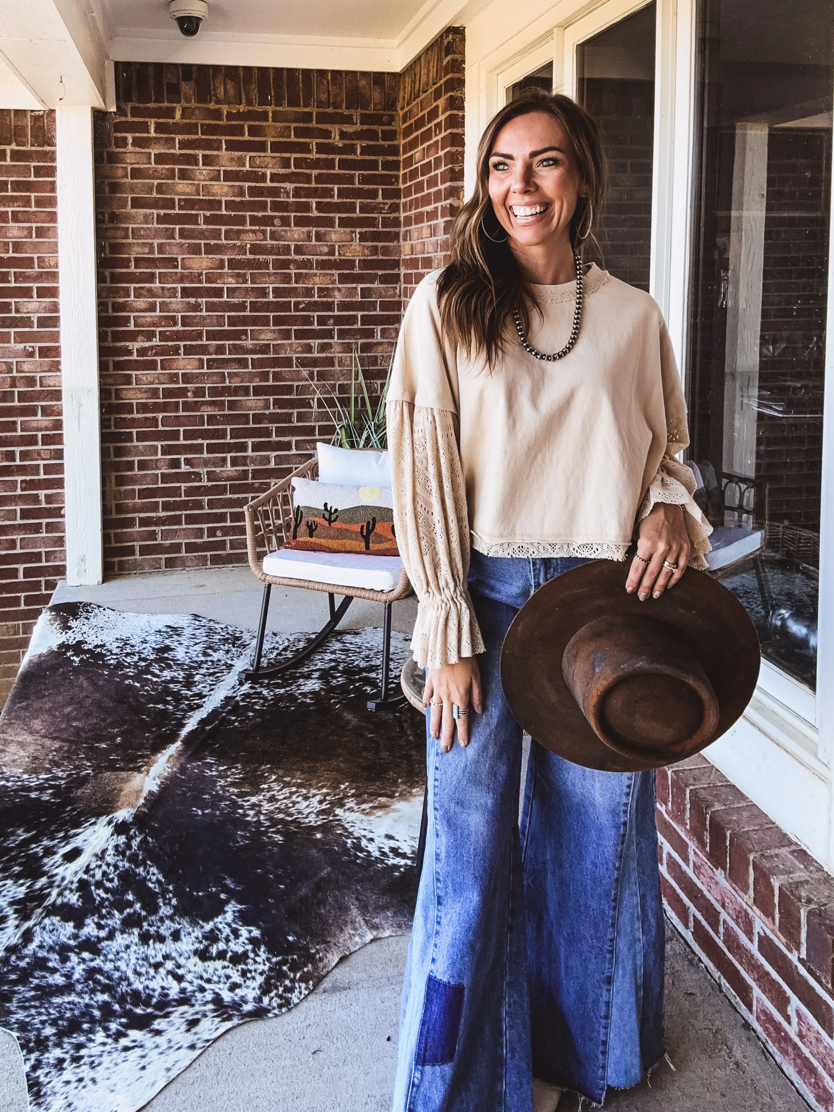 Natural Washed Lace Puff Sleeve Top