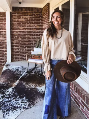 Natural Washed Lace Puff Sleeve Top