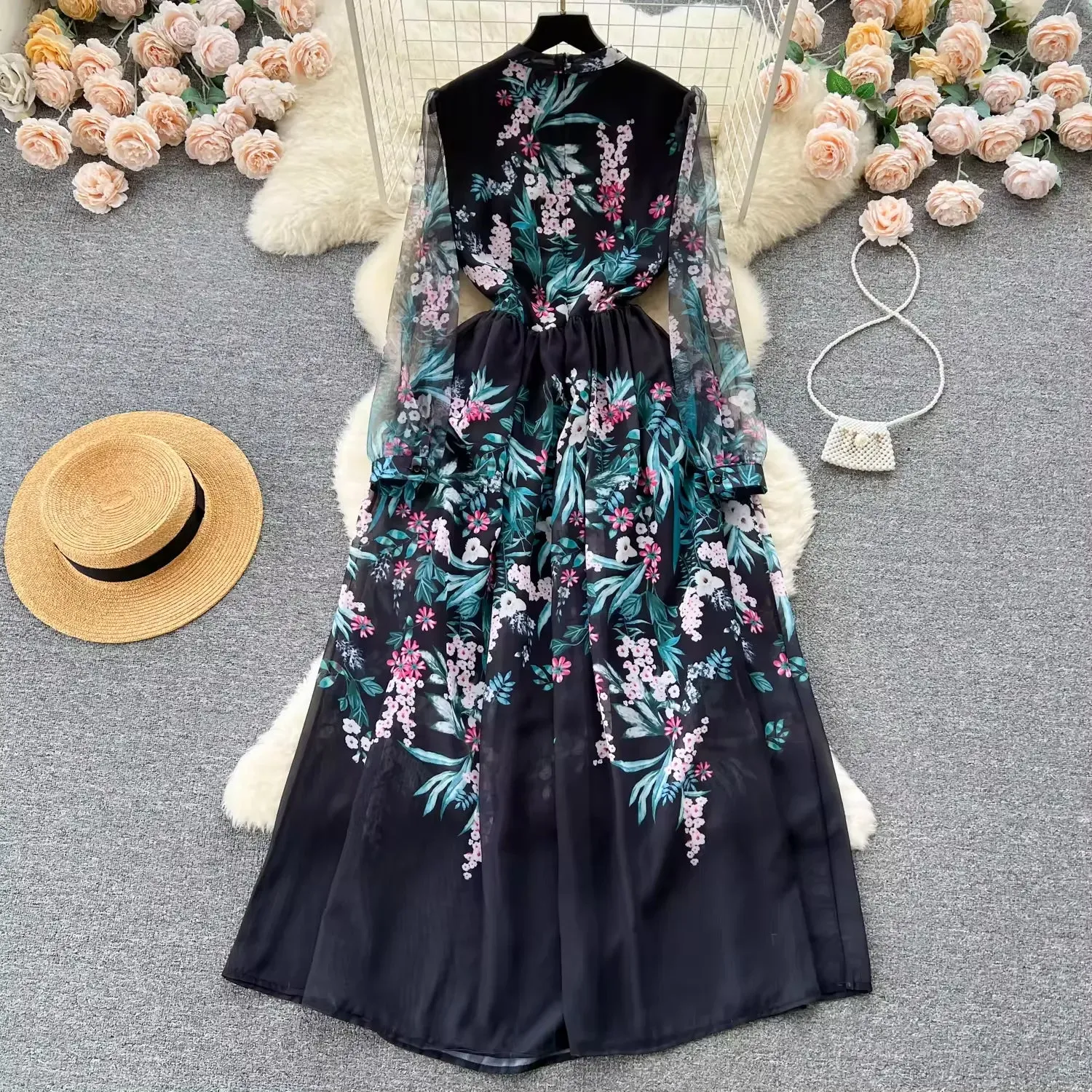  new elegant heavy industry embroidery mesh stitching maxi dress