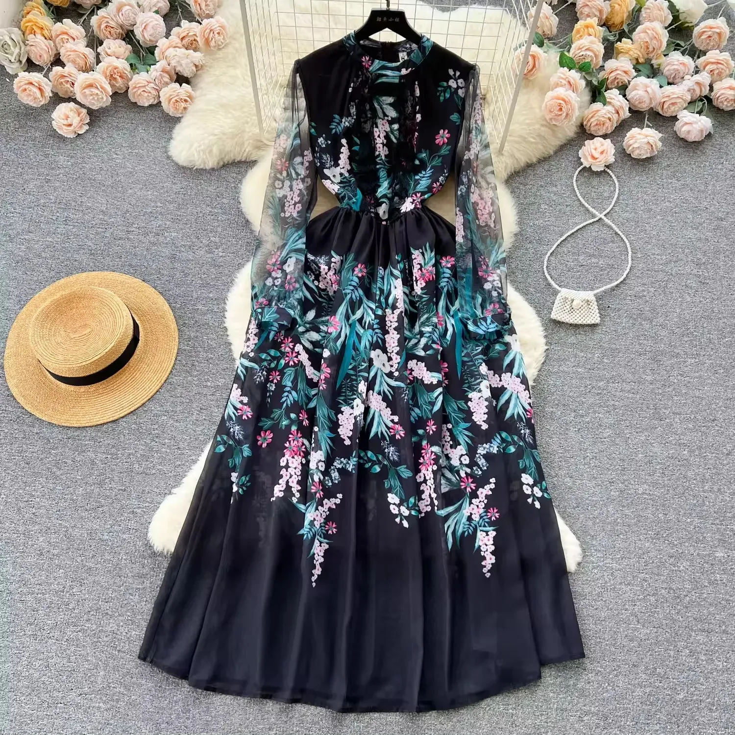  new elegant heavy industry embroidery mesh stitching maxi dress