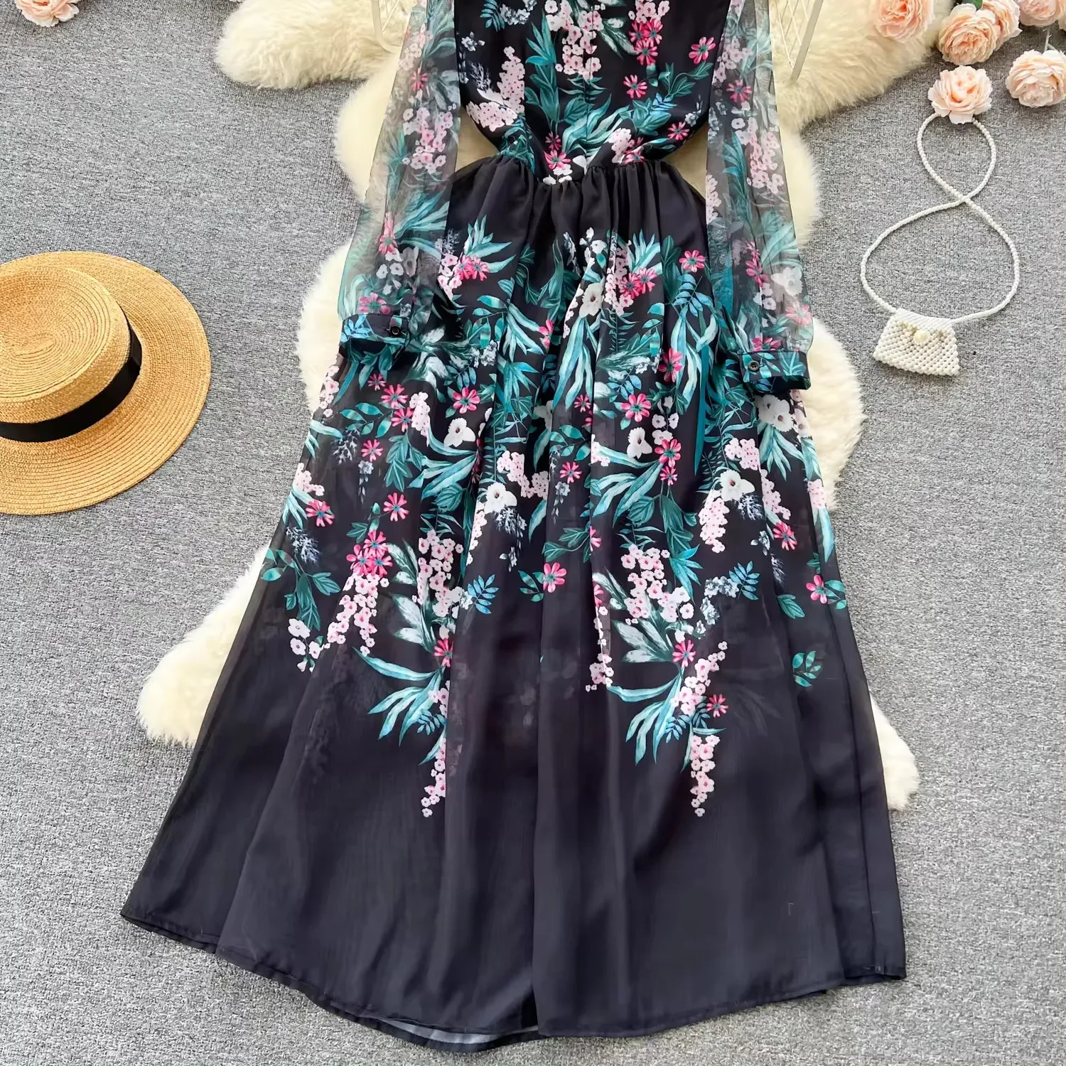  new elegant heavy industry embroidery mesh stitching maxi dress