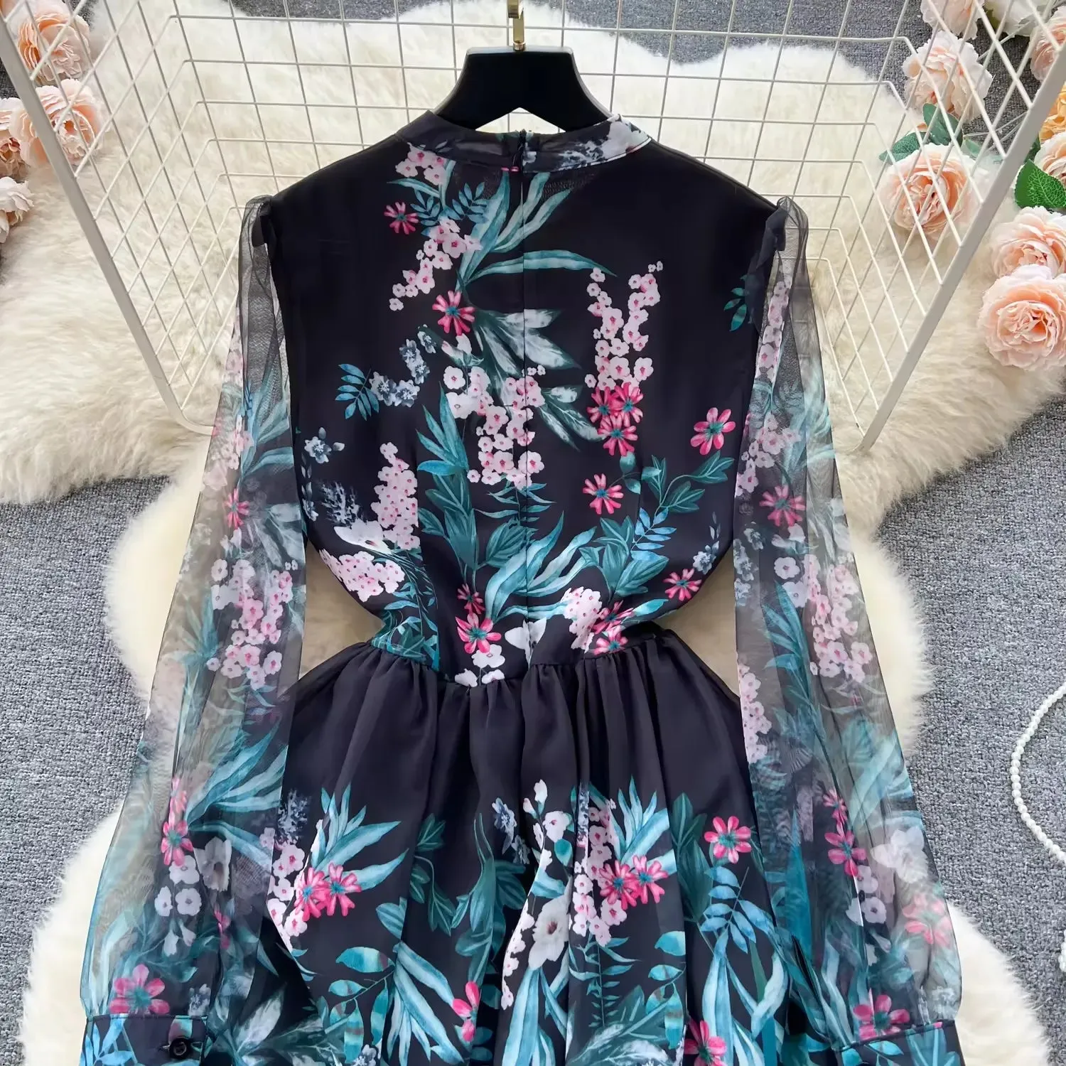  new elegant heavy industry embroidery mesh stitching maxi dress